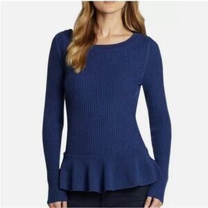 Tory Burch Sweater Womens Small Madeline Navy Blue Ribbed Peplum Wool Blend